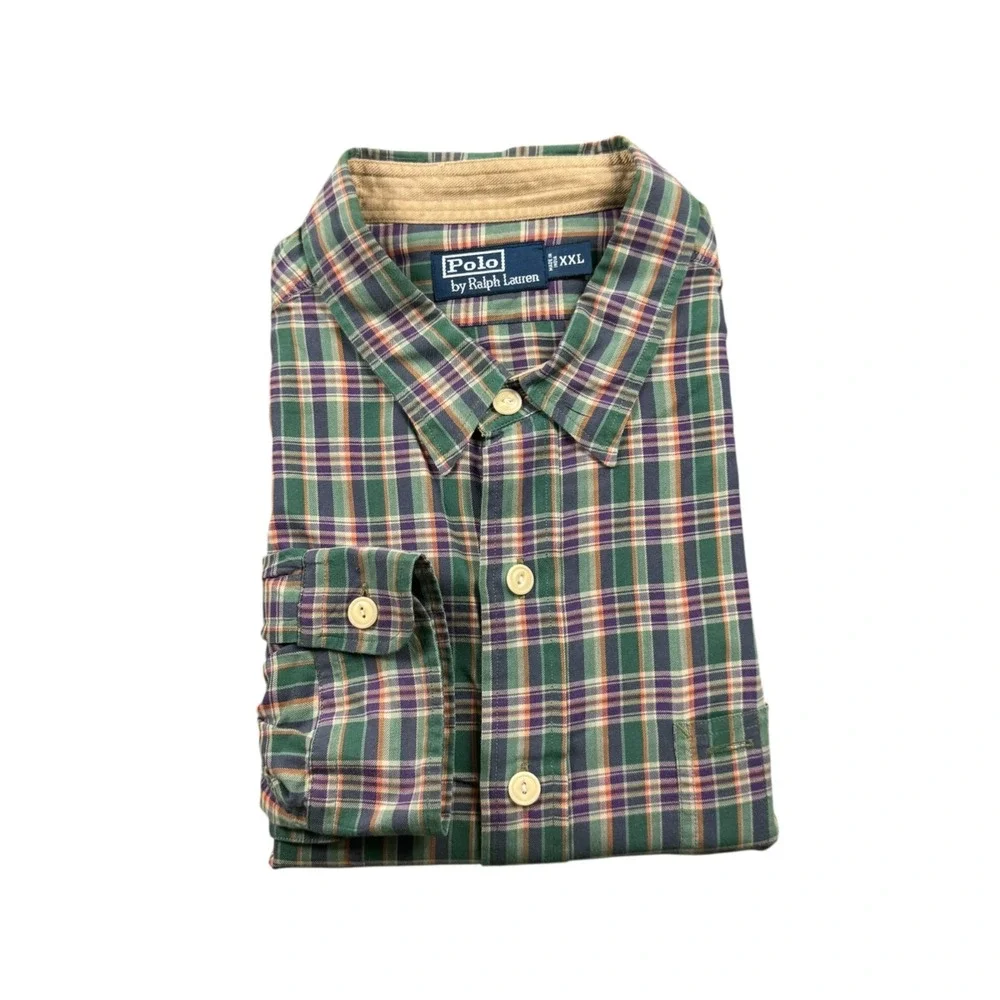 Polo Ralph Lauren Green Purple Check Dual Pocket Cotton Men’s Shirt 2XL VTG